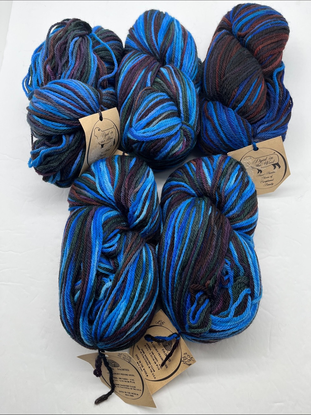 NWT Dyed in the Wool Hand Painted 100% Merino Wool Yarn #5 Skeins Multi Blue